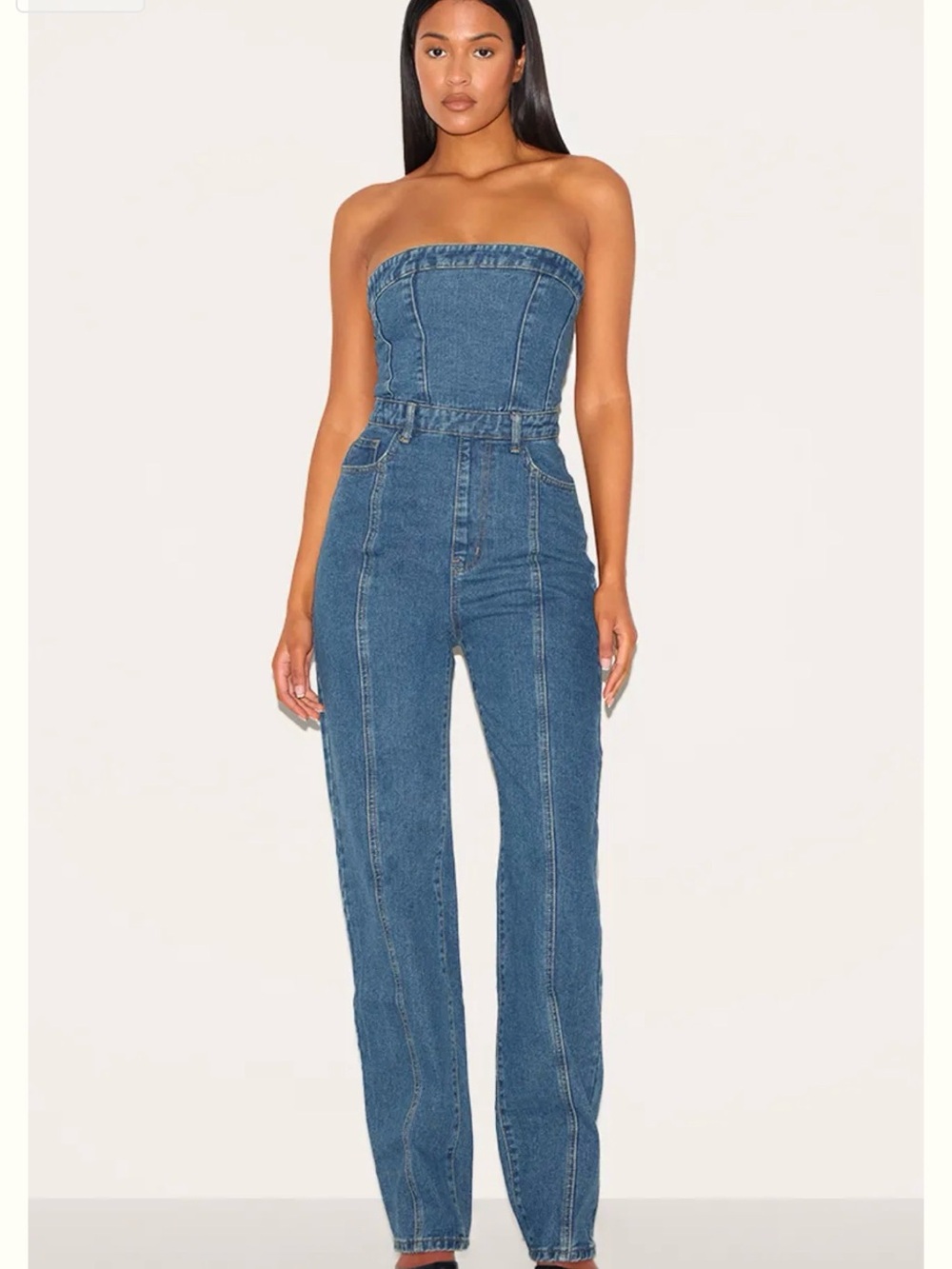 Pretty Little Thing TALL BANDEAU STYLE STRAIGHT LEG DENIM JUMPSUIT Size10, NWT
